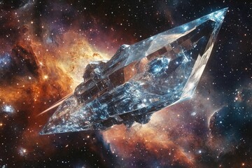 Futuristic spacecraft gliding through a colorful cosmic landscape filled with stars and nebulae