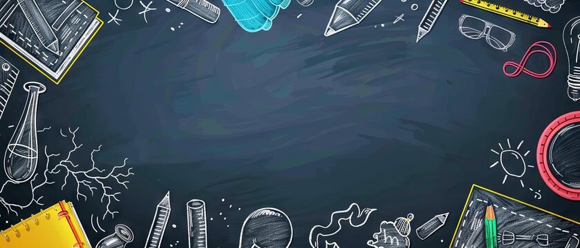 Dynamic back to school chalkboard illustration with hand-drawn supplies, playful doodles, and imaginative details for creative education themes. - Powered by Adobe