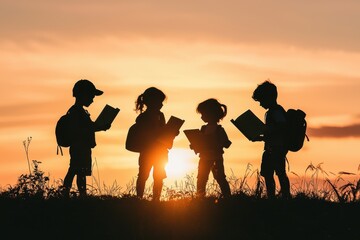 Fototapeta premium Silhouetted figures of children, their faces illuminated in the soft glow of a book, curl up in cozy positions on a grassy hill, their eyes lost in the captivating tales unfolding within the 