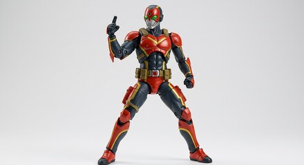 Dynamic red superhero action figure boldly poses against bright studio light. AI Generated