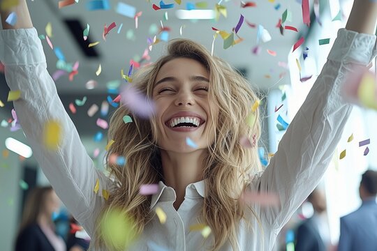 Joyful Woman Celebrating Success with Confetti. Happy, Excited, and Smiling during a Corporate Event