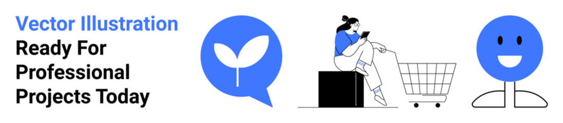 Woman sitting and browsing on mobile near a shopping cart, blue chat bubble with leaf, smiling face icon. Ideal for e-commerce, communication, environment, health, technology, positivity flat