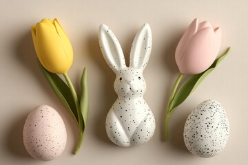 easter bunny, Charming spring decor featuring a white bunny, pastel flowers, and decorated eggs, perfect for festive celebrations.