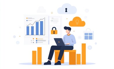 Man analyzing data on laptop, cloud security.