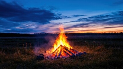 Majestic Campfire at Dusk with Vibrant Flames Surrounded by Grass and Rocks Against a Stunning Sunset Sky