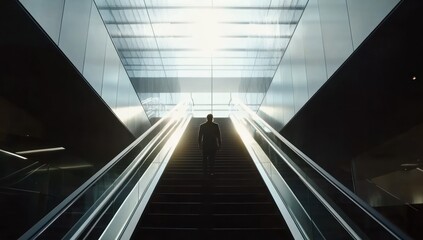 Fototapeta premium Man ascending escalator in modern building, sunlight.