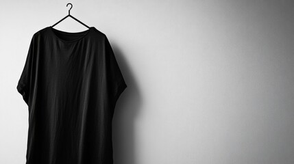 Black T-Shirt Hanging on a Hanger Against a White Wall