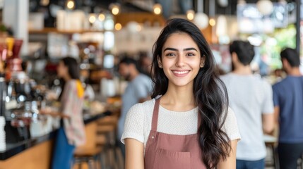Smiling cafe worker in apron, coffee shop background, portrait, customer service, business, young woman.