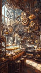 Obraz premium Intricate steampunk bakery interior with delicious pastries and mechanical gears