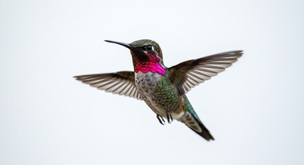Fototapeta premium Vibrant hummingbird hovers gracefully against soft white light. AI Generated