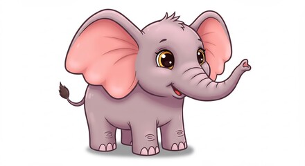 Fototapeta premium Adorable cartoon baby elephant joyfully stands soft light background. AI Generated