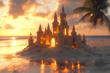Naklejka premium Sandcastle masterpiece glows at sunset on a beach with crashing waves