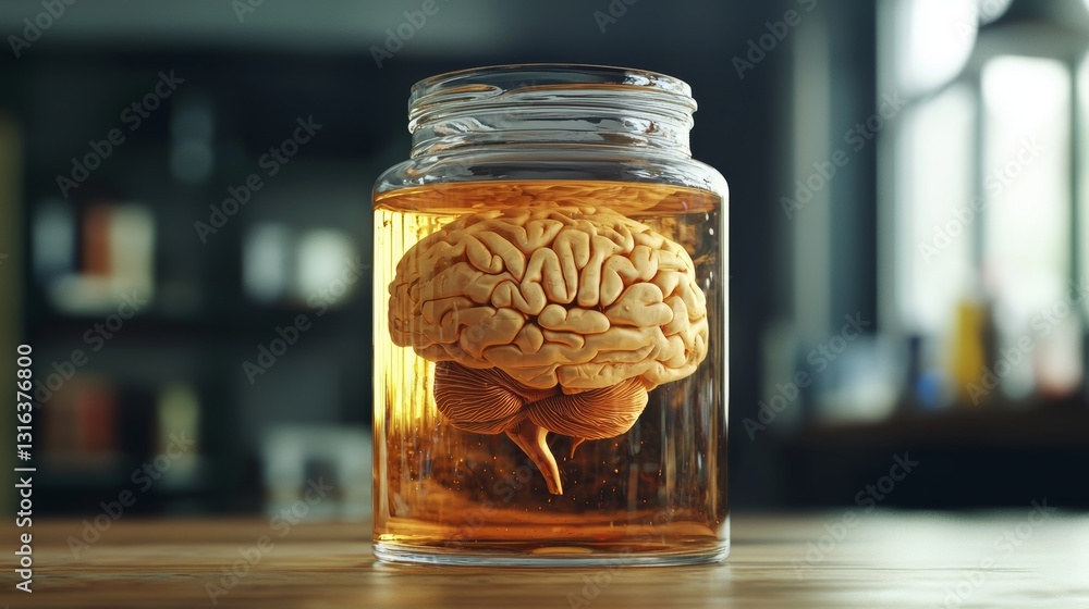 Poster scientific brain experiment in a laboratory jar with clean lines and detailed texture