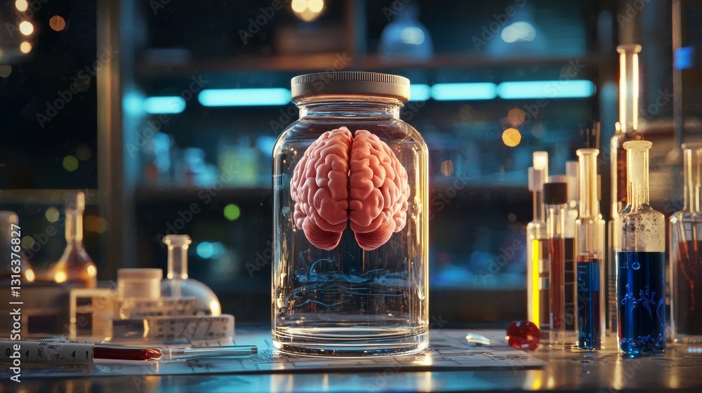 Poster scientific experiment with a brain in a jar conceptual representation