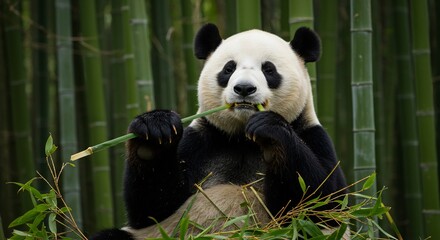 Obraz premium Adorable panda calmly munches bamboo stalks bathed in soft sunlight. AI Generated