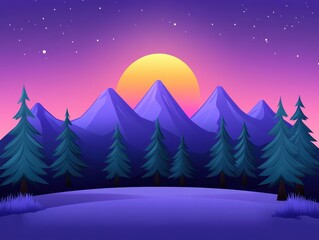 Fototapeta premium Vibrant sunset over majestic mountains with silhouetted pine trees in foreground