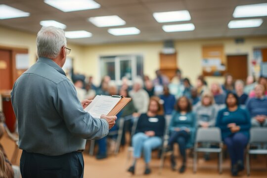 A psychologist conducts a mental health workshop in a community center, engaging a diverse audience eager to learn and share their experiences. The atmosphere is supportive and interactive