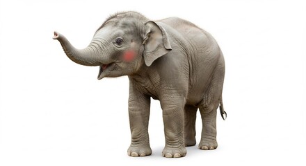 Obraz premium Adorable baby elephant playfully poses against bright white background. AI Generated