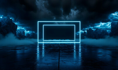 Neon Frame in a Dark Fantasy Landscape with Mist and Clouds