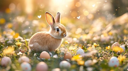 easter bunny, Brown rabbit in a vibrant flower field, surrounded by colorful blossoms, evoking a serene spring atmosphere, ideal for nature themes.