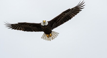 Fototapeta premium Majestic bald eagle gracefully soars against a pale sky wings fully extended. AI Generated