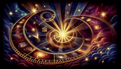A swirling film strip with illuminated golden light bursts in the center against a magical and glowing cosmic sky backdrop 