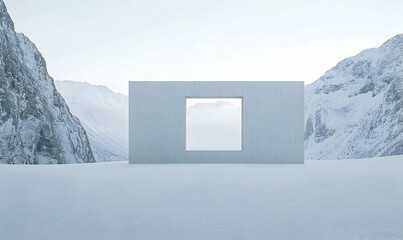 Minimalist Concrete Structure Surrounded by Snowy Mountain Landscape