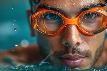 Fototapeta premium Close-up of a young Middle-Eastern male swimmer wearing orange goggles, focused while submerged in water.