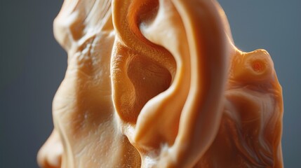 A close-up of a human ear model, focusing on the outer, middle, and inner ear structures, set against a solid background.