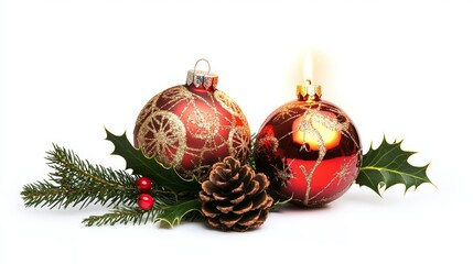 christmas still life with ornaments pine cone holly candle 
