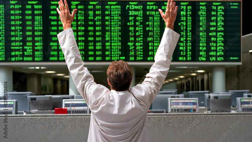 Poster excited trader celebrating success in the stock market with a digital display of numbers in the back