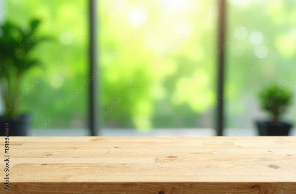 Poster a wooden table in front of the abstract blurring of a white green background from the office window