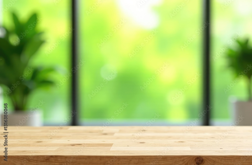Poster a wooden table in front of the abstract blurring of a white green background from the office window