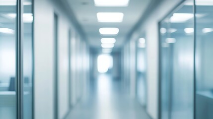 Fototapeta premium Blurred Office Corridor: Glass Walls White Interior 
