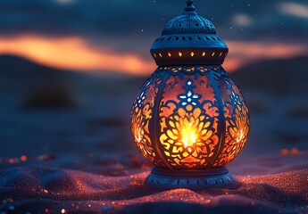 Ornate Lantern Glowing Warmly Against a Twilight Backdrop Casting Intricate Shadows on the Sandy Surface