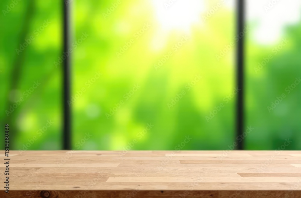 Poster a wooden table in front of the abstract blurring of a white green background from the office window
