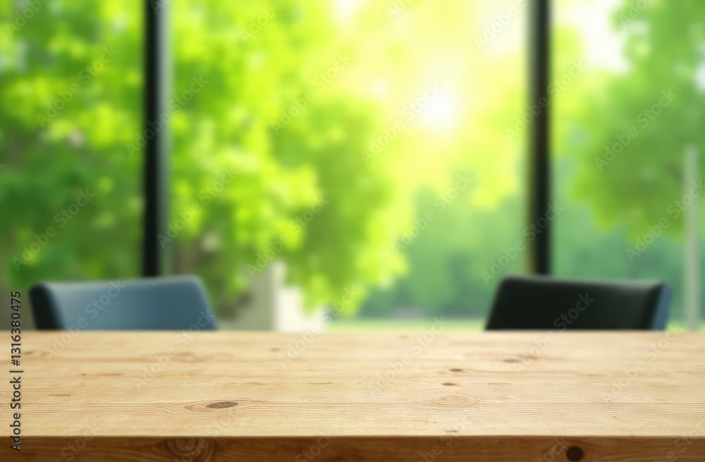 Poster a wooden table in front of the abstract blurring of a white green background from the office window