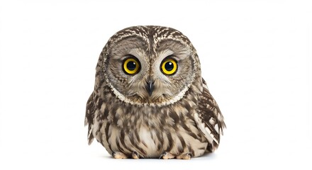 Naklejka premium Alert owl stares intently bright yellow eyes soft light illuminates fluffy feathers. AI Generated
