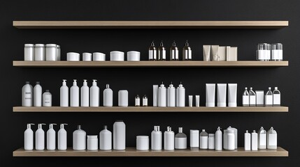 Mockup of retail shelving with blank white goods in different packages and bottles. 3d illustration isolated on black