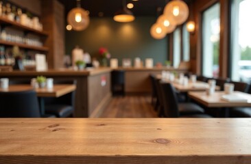Image of a wooden table in front of an abstract blurry background of a restaurant