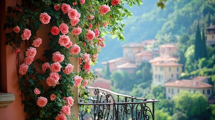  Romantic balcony adorned with blooming pink roses overlooking a picturesque hillside village, capturing the charm of European countryside living.