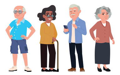 Older people set. Old men and women in standing poses.