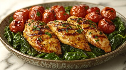Grilled Chicken Breast with Spinach and Roasted Cherry Tomatoes Dish