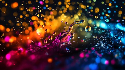 Colorful Water Droplets Collision with Bokeh on Dark 