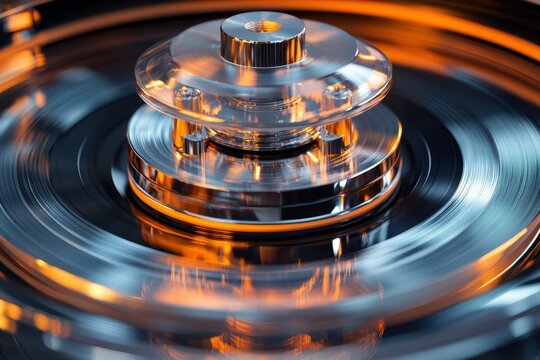 Spinning metal disc creating vibrant patterns in a dark background during intricate movement