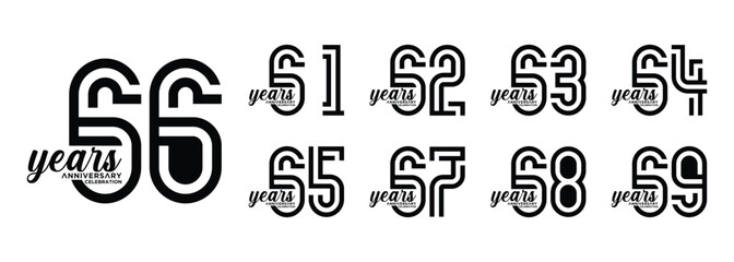 Anniversary vector logo design 61 years to 69 years with black color on white background can be used for special moment celebration, birthday, greeting