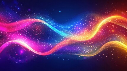 Obraz premium Abstract Digital Art Depicting Luminous, Flowing Waves of Vibrant Colors with Sparkles Against a Dark Background.