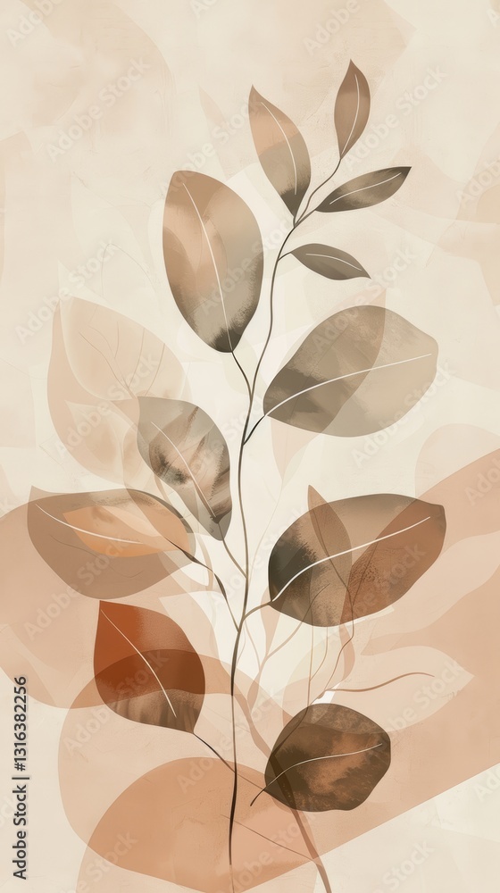 Poster simple minimalist illustration of leafs and ink in dark beige background with clean lines and subtle