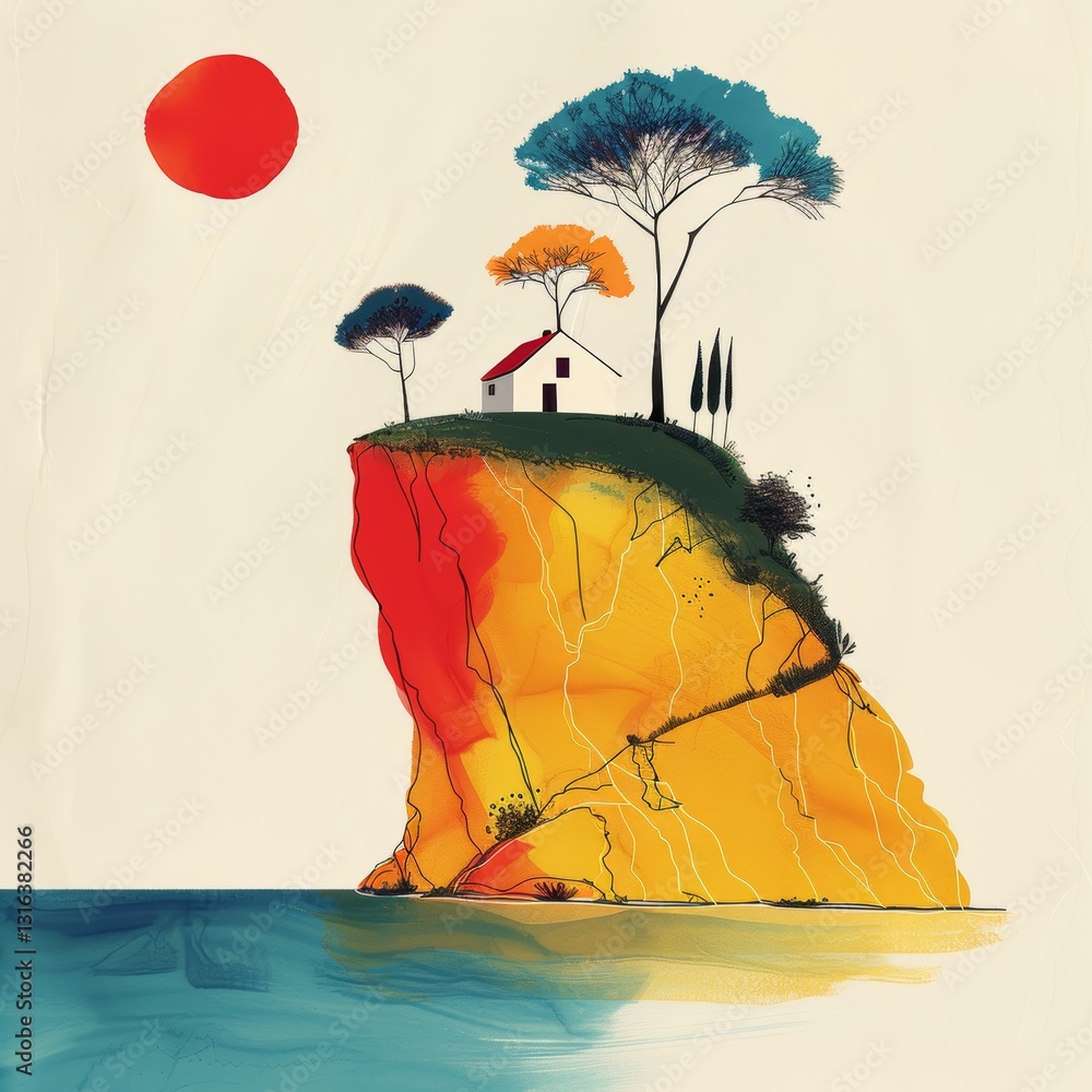 Poster simple single line drawing of a small island outline with clean lines