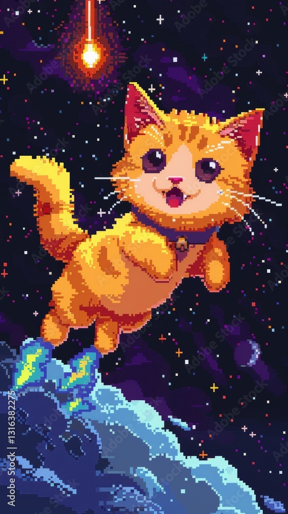Aufkleber simple minimalist cute space cat character in 8bit chaos scene with clean lines and bright colors